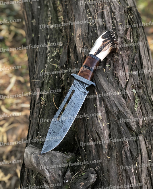 15" Handmade Damascus Steel Bowie Knife- Full Tang - Stag Antler Handle