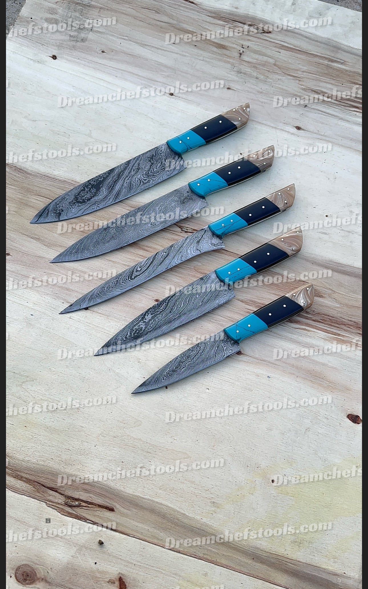 Custom handmade Damascus steel kitchen knife set