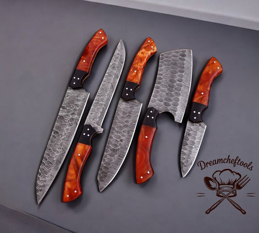 Premium Damascus Steel Chef Knife – 13" Custom Handmade Epoxy Resin Handle with Leather Sheath | Perfect Knife Set for Kitchen