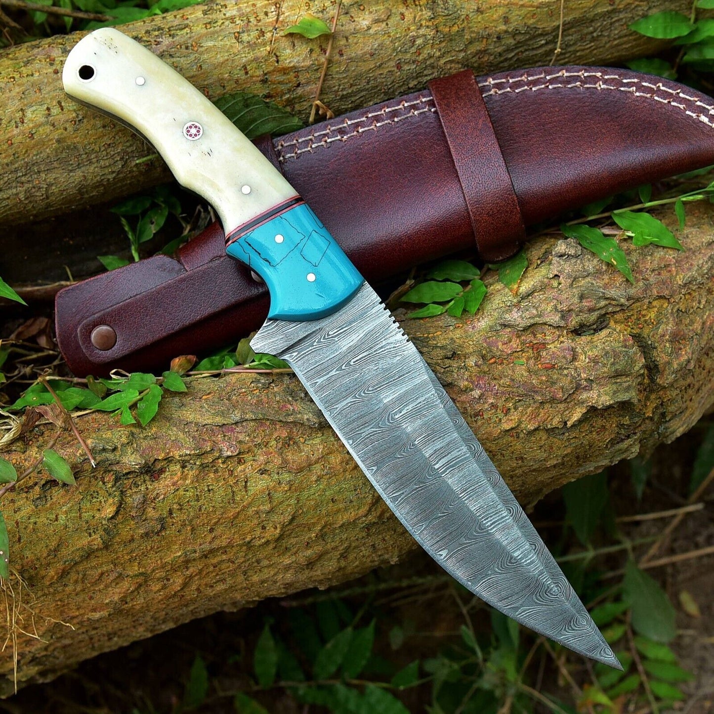 10-inch Damascus steel hunting knife with camel bone resin handle and leather sheath