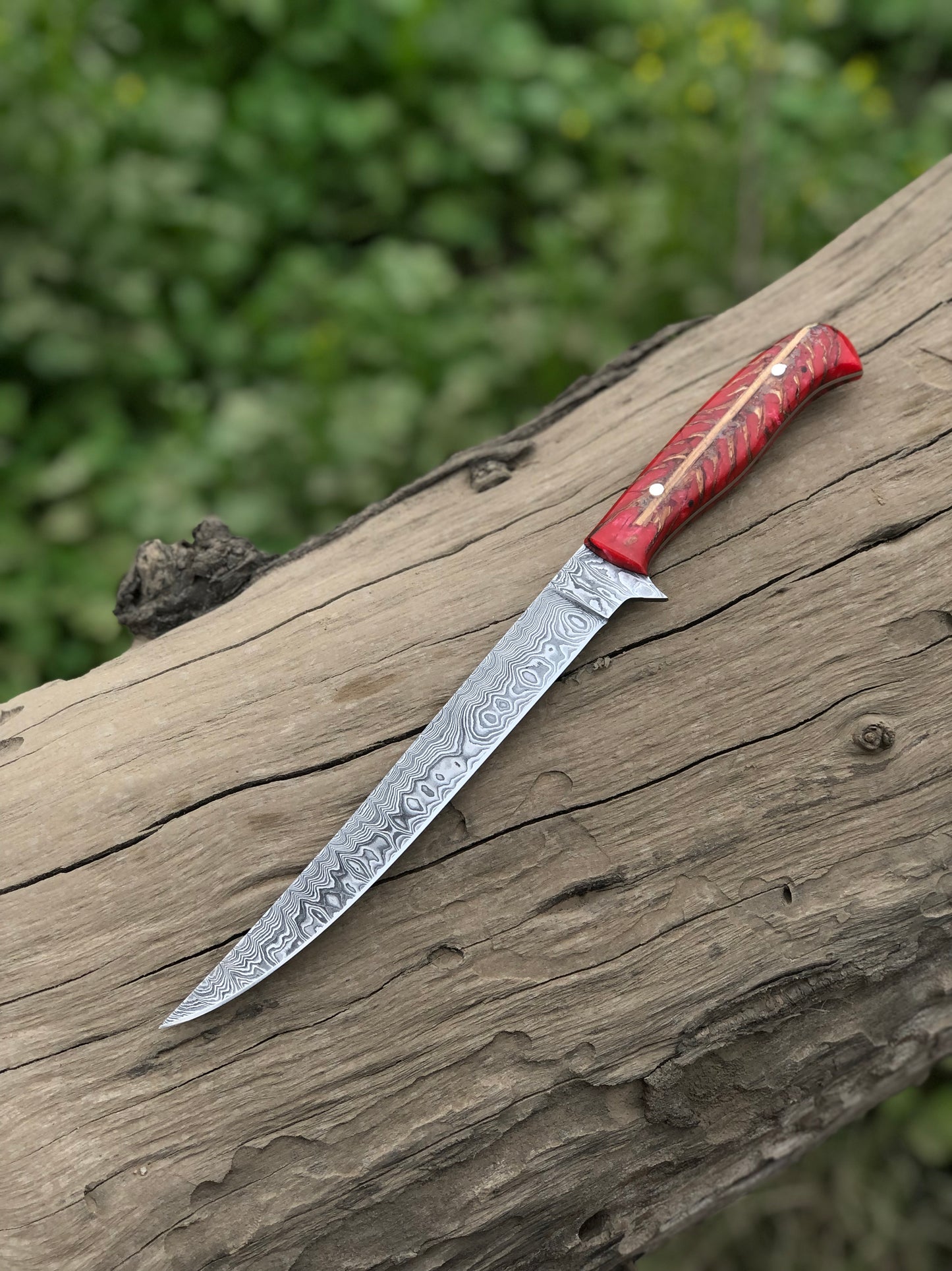 13-Inch Damascus Steel Fillet Knife with a unique epoxy resin pine cone handle.