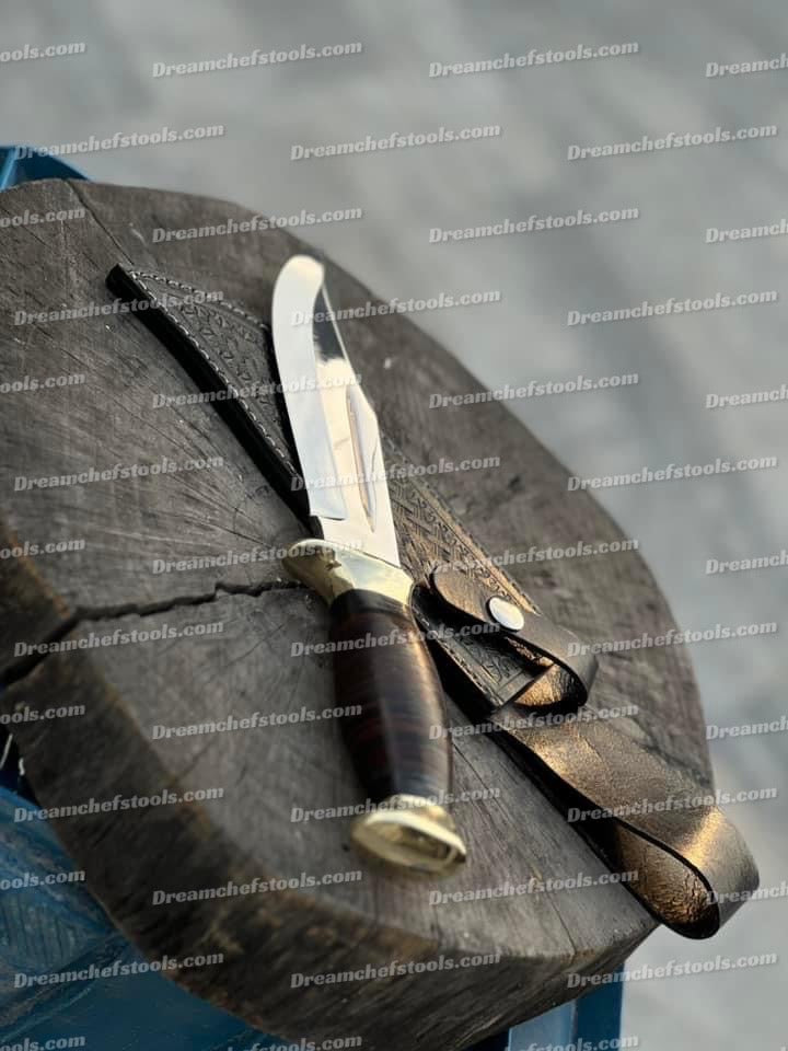 handmade 13-inch D2 steel hunting Bowie knife with a leather handle, brass guard, and a beautifully crafted leather sheath