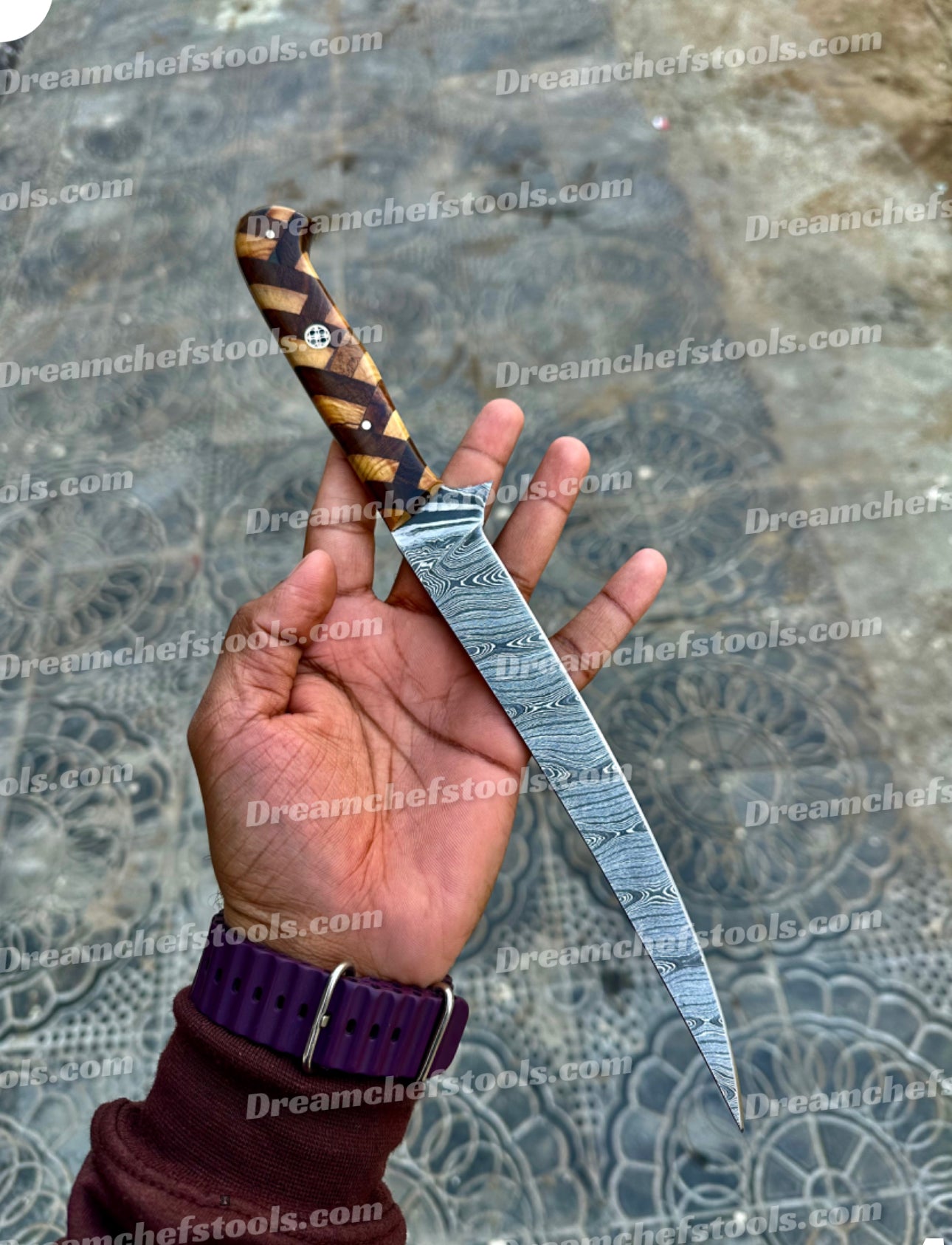 13-inch Damascus Steel Fillet Knife featuring a unique twisted pattern.