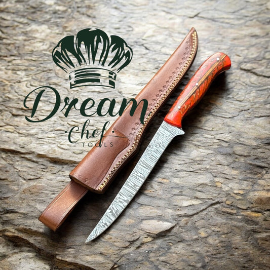Best Fillet Knife for Fish – 13" Damascus Steel Blade with Red Pine Cone Resin Handle & Leather Sheath