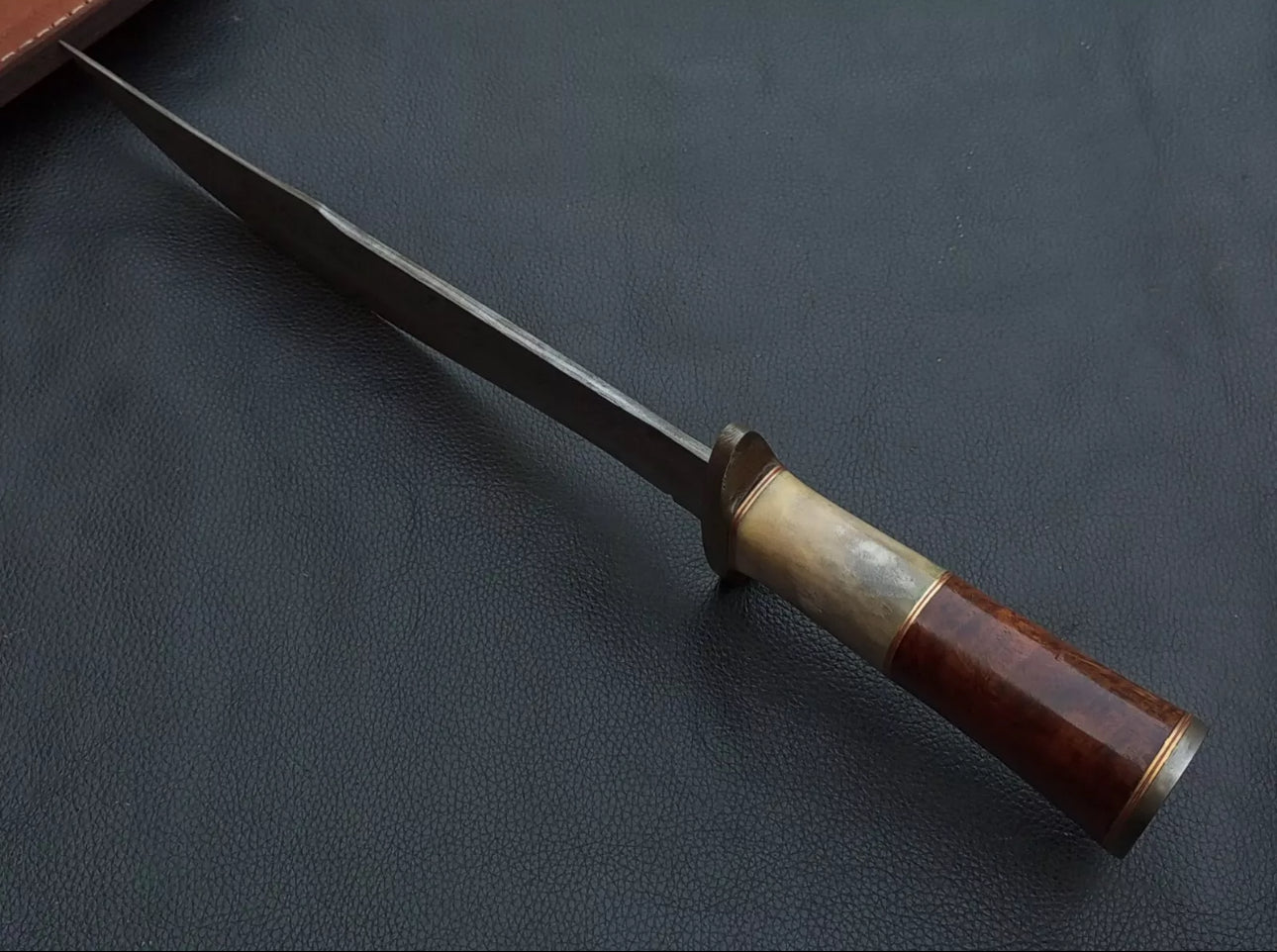 "15-Inch Custom Bowie Knife with Color Bone Handle, Damascus Guard, and Leather Sheath