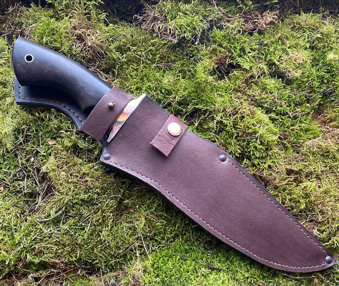 15-Inch Custom Bowie Knife with Damascus Steel Blade, Stag Handle, and Damascus Guard, Includes Leather Sheath