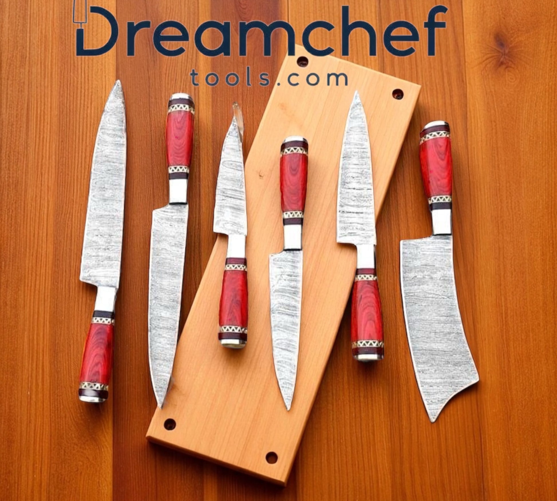 Damascus Knife Set – 13” Handmade Chef Knife with Resin or Pakkawood Handle, Steel Bolster & Leather Sheath