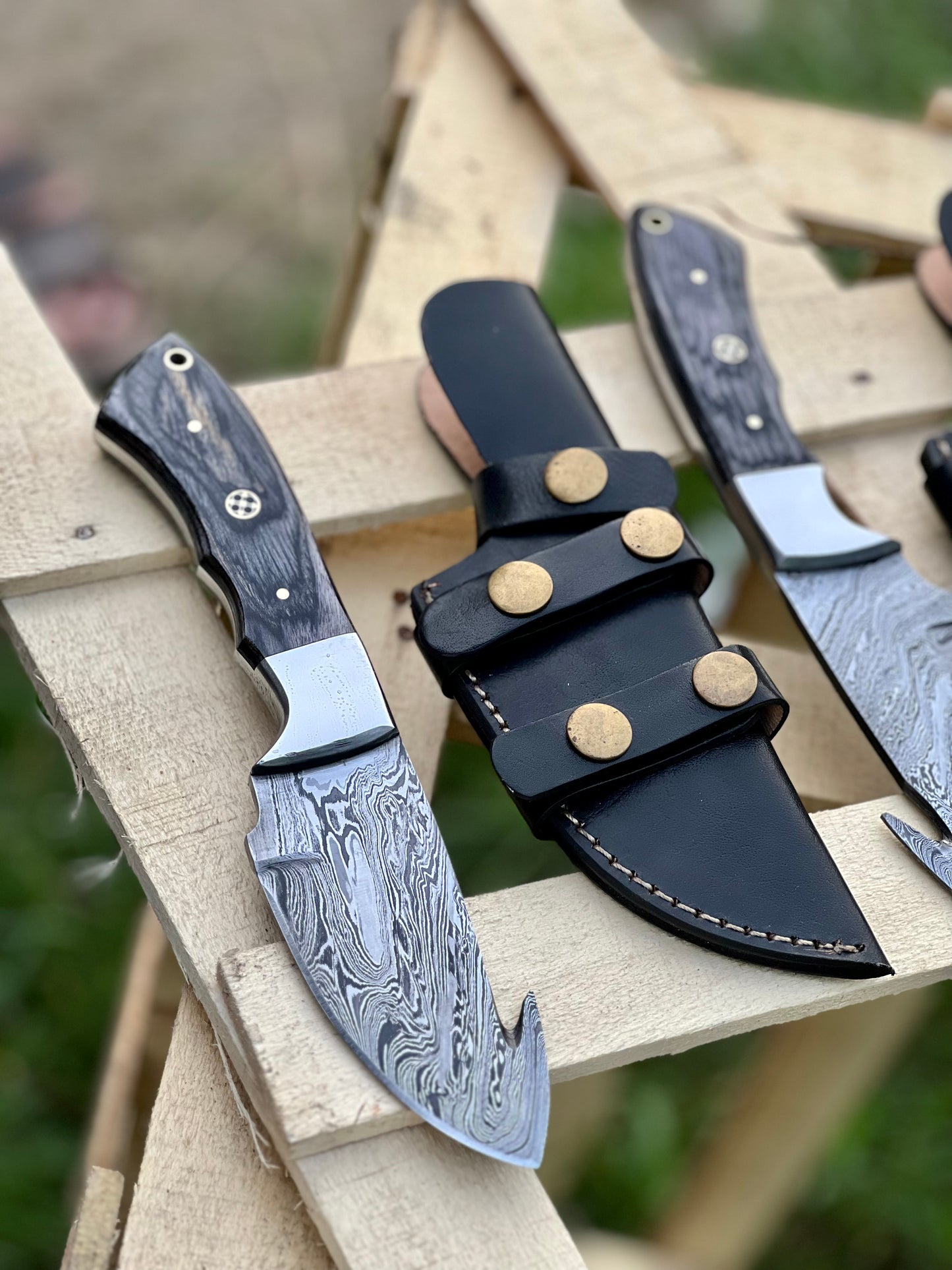 Custom handmade Damascus steel Guthook skinning knife