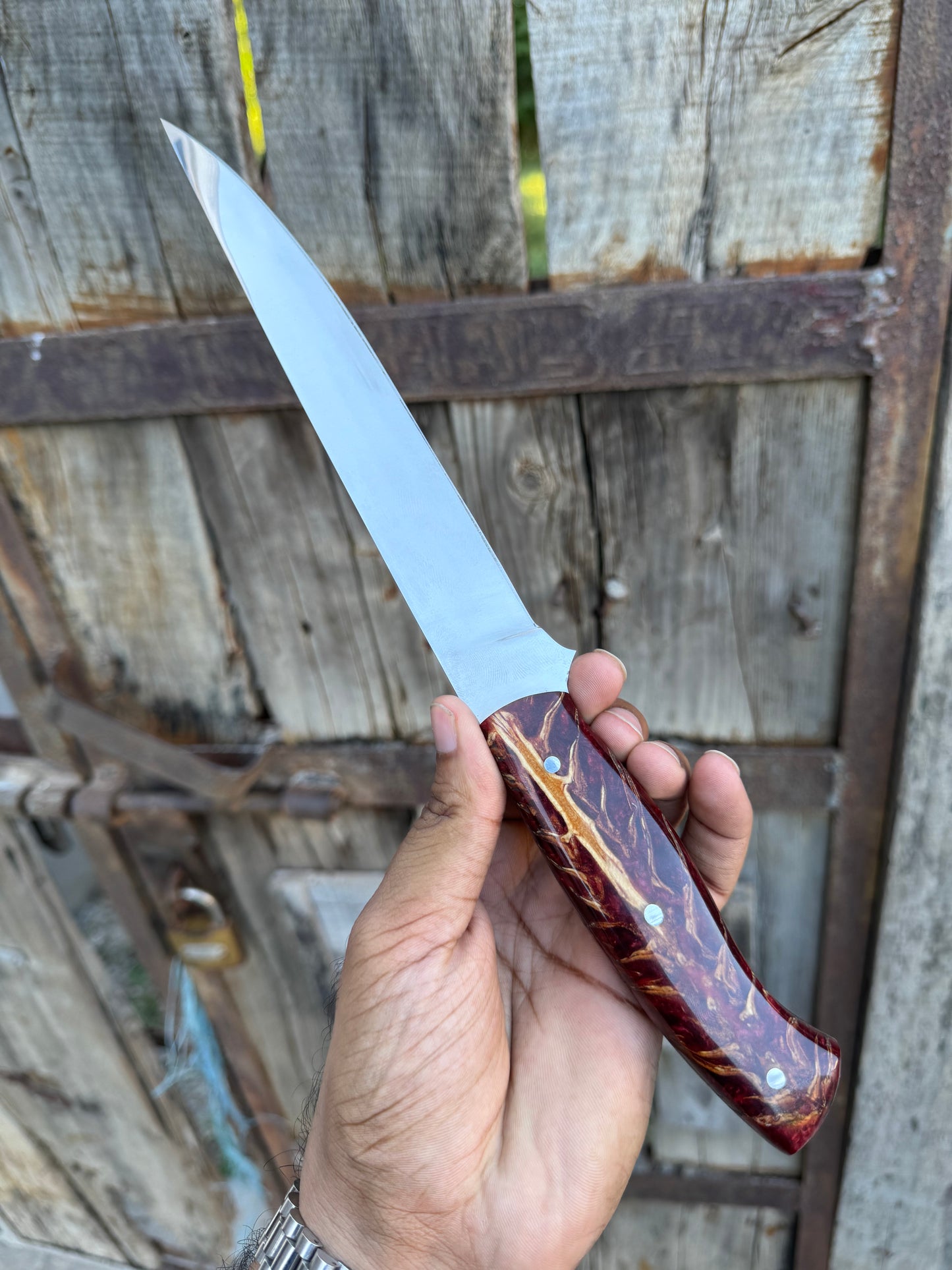 Custom Handmade J2 Steel Boning Knife with Epoxy Pine Cone Resin Handle & Leather Sheath – 13" Precision Boning Tool