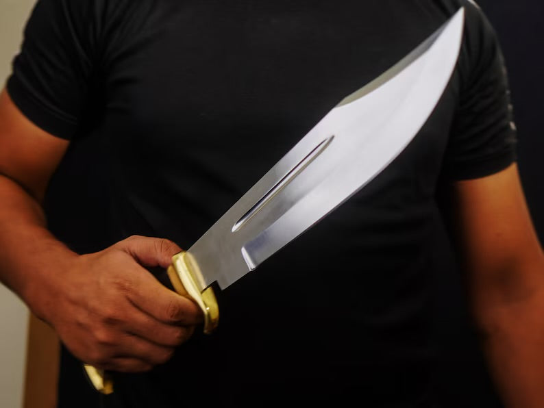 Crocodile Dundee Bowie Knife with brass guard and buffalo horn handle, featuring a leather sheath