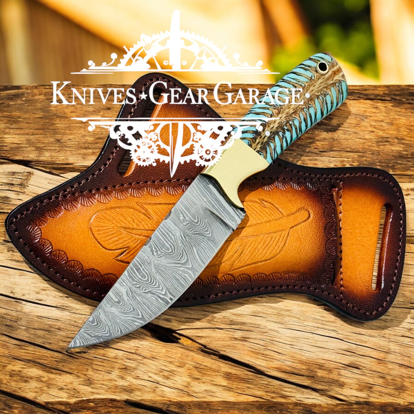 Country Rodeo Damascus Knife – Turquoise Pine Cone Handle & Leather Sheath