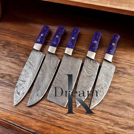 Cooking Knife Set – 13" Damascus Steel Blades with Resin Handles, Steel Bolsters & Leather Roll Kit