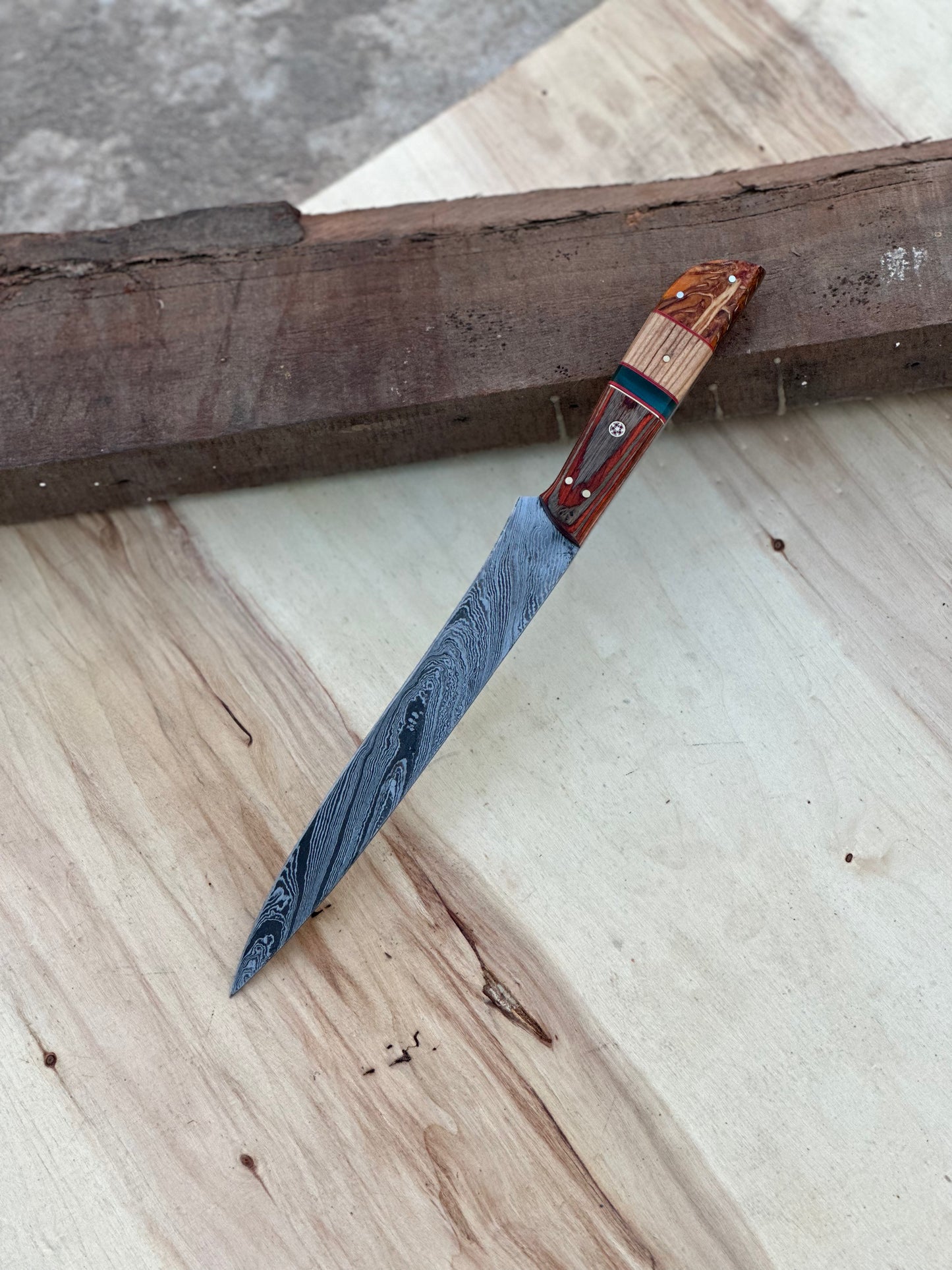 Handmade Damascus Steel Large Fillet Knife Hunting Fishing, Full Tang 13.5 inch