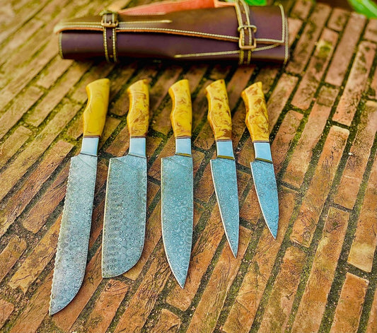 Best Budget Knife Set – 13" Handmade Damascus Steel Chef Knives with Epoxy Resin Handle & Leather Roll