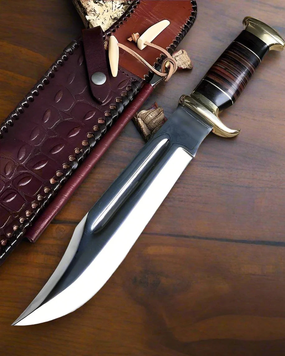 Custom Handmade D2 Steel Crocodile Dundee Bowie Knife – Buffalo Horn & Leather Handle, 15” with Premium Sheath