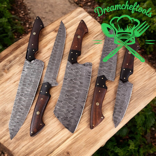 Set of Knives – 13” Handmade Damascus Steel Chef Knife with Rosewood Handle, Resin Bolster & Leather Sheath