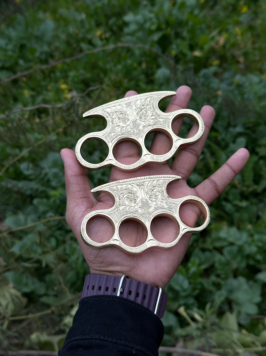 Custom Brass Knuckles Set – Hand Engraved Pure Brass with Leather Case