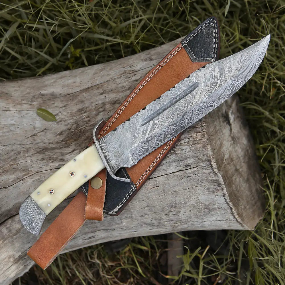 Handmade Damascus Steel Bowie Knife with Camel Bone Handle and Leather Sheath”