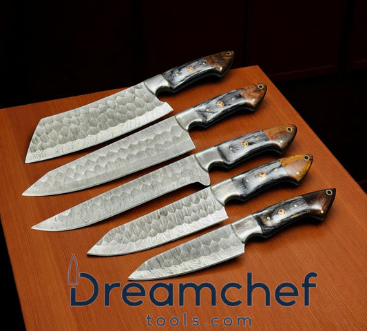 Damascus Steel Knife Set – 13” Handmade Chef Knife with Rosewood or Pakkawood Handle, Steel Bolster & Leather Sheath