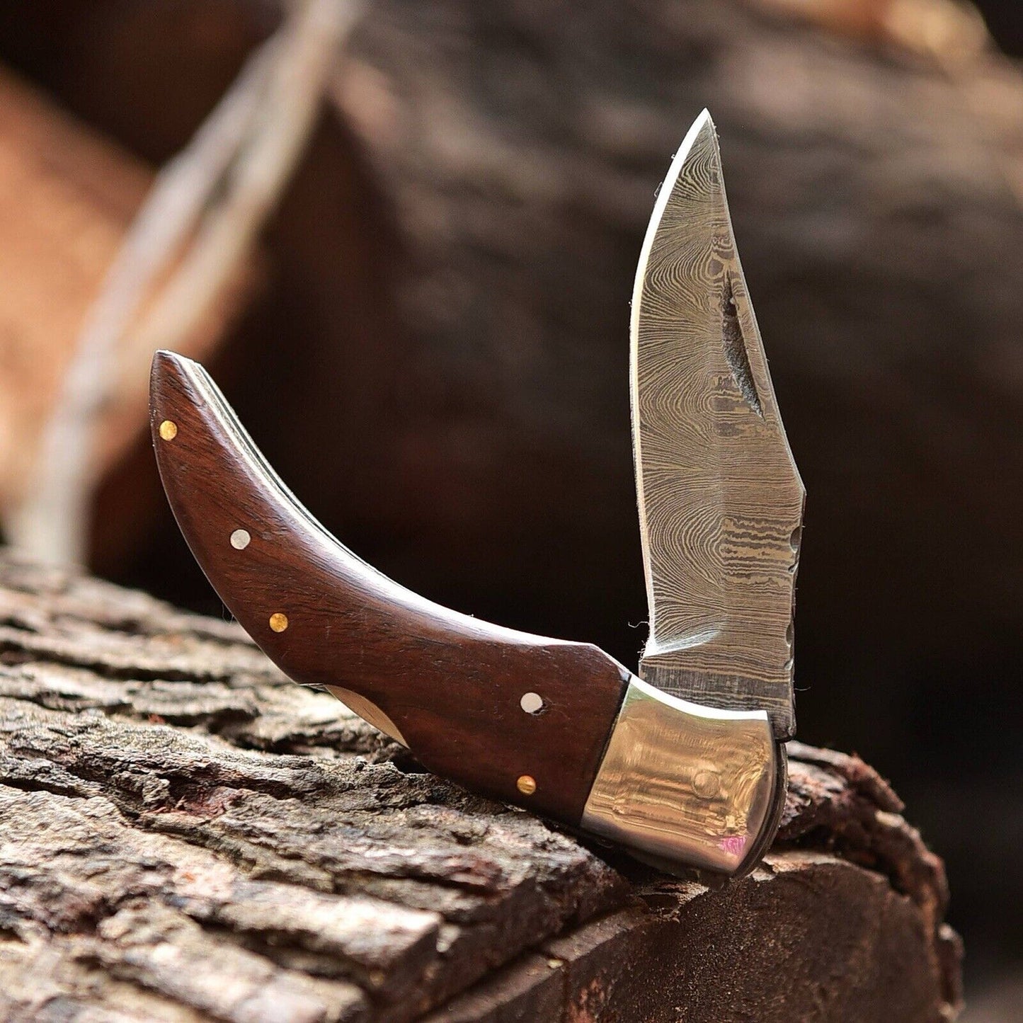 Fall Harvest Edition – Damascus Steel Pocket Knife | 4" EDC Rosewood Handle with Leather Carry Case