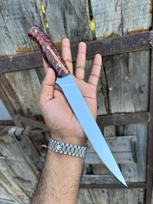 Custom Handmade J2 Steel Boning Knife with Epoxy Pine Cone Resin Handle & Leather Sheath – 13" Precision Boning Tool