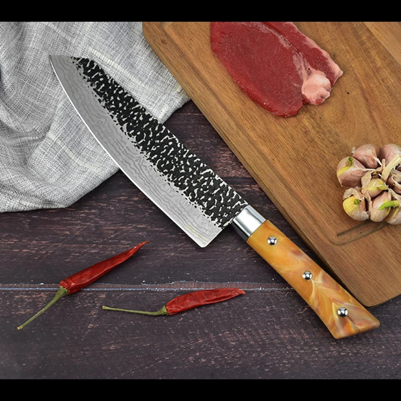 Handmade Damascus Chef Knife 
handle made of rasin