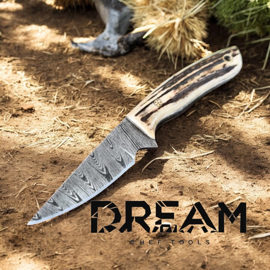 Handmade Damascus Belt Knife with Stag Horn Handle & Western Sheath – 7" Overall