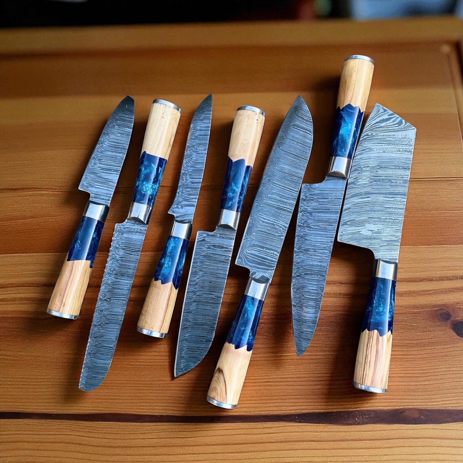 Best Budget Kitchen Knife Set – 13” Handmade Damascus Steel Chef Knife with Olive Wood & Resin Handle, Steel Bolster, Leather Sheath