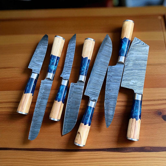 Best Budget Kitchen Knife Set – 13” Handmade Damascus Steel Chef Knife with Olive Wood & Resin Handle, Steel Bolster, Leather Sheath