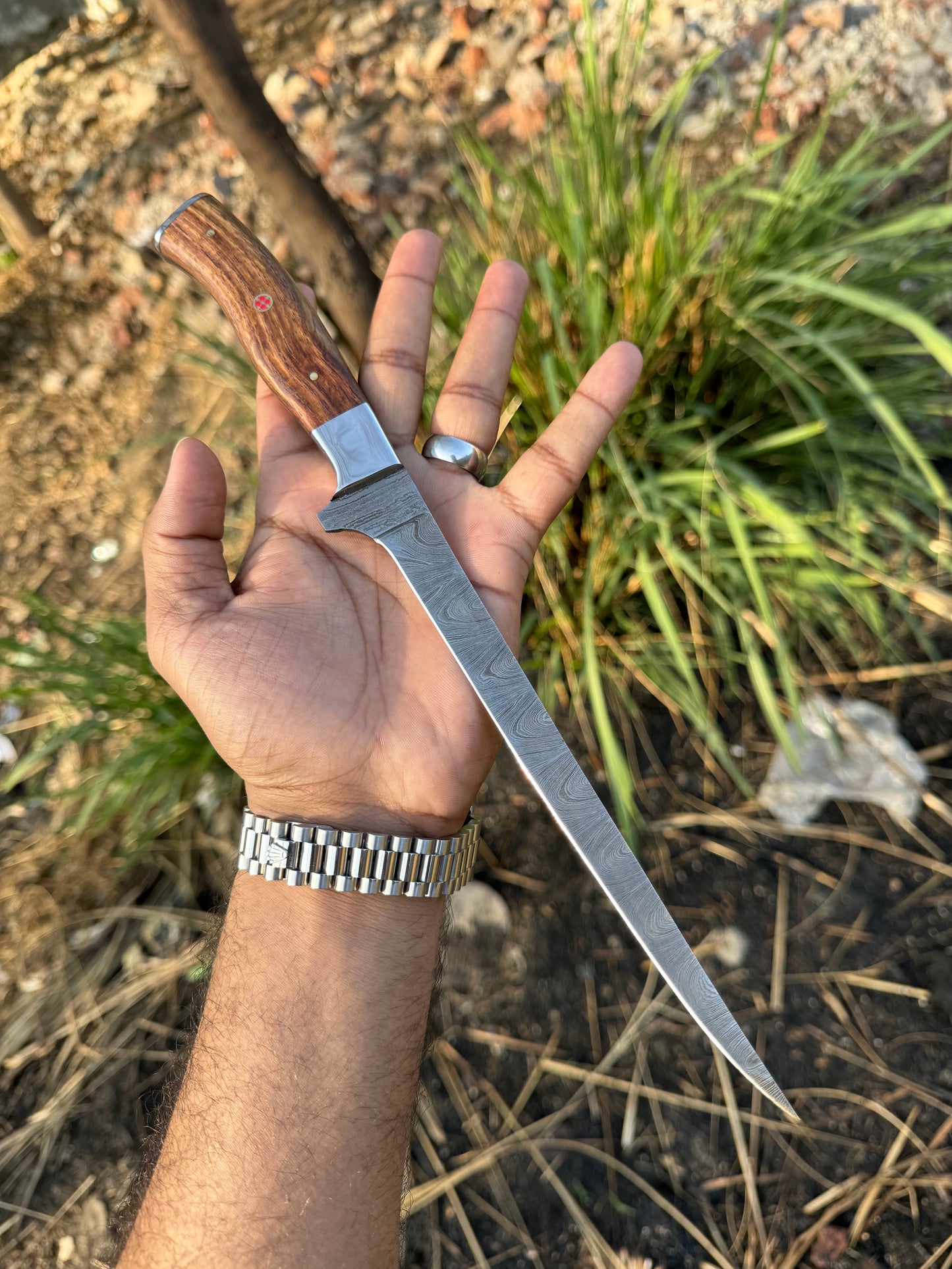 Custom Handmade Damascus Steel Fishing Fillet Knife - 13" Blade with Rosewood Handle and Steel Bolster & Leather Sheath | Premium Flexible Fillet Knife