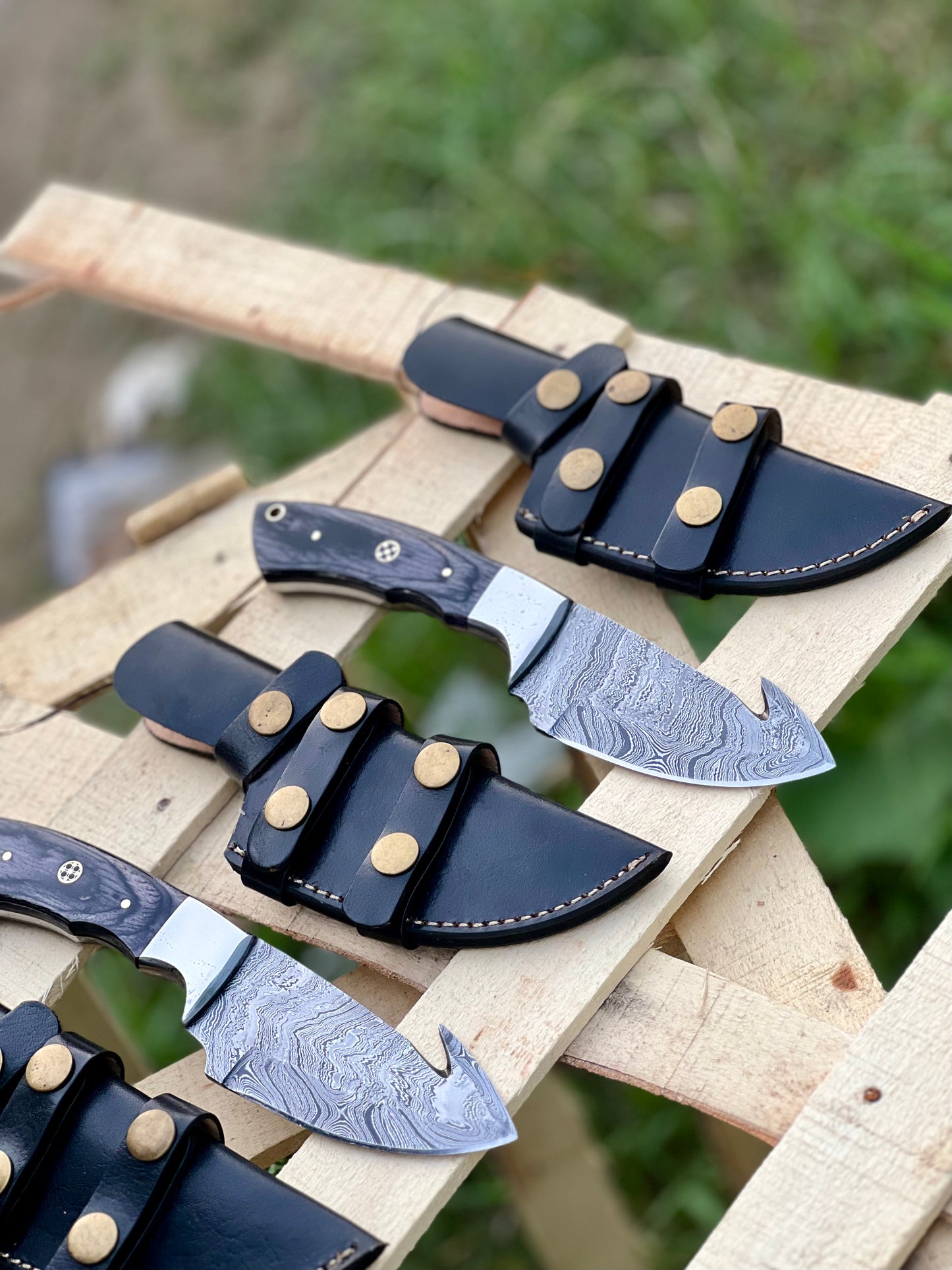 Custom handmade Damascus steel Guthook skinning knife