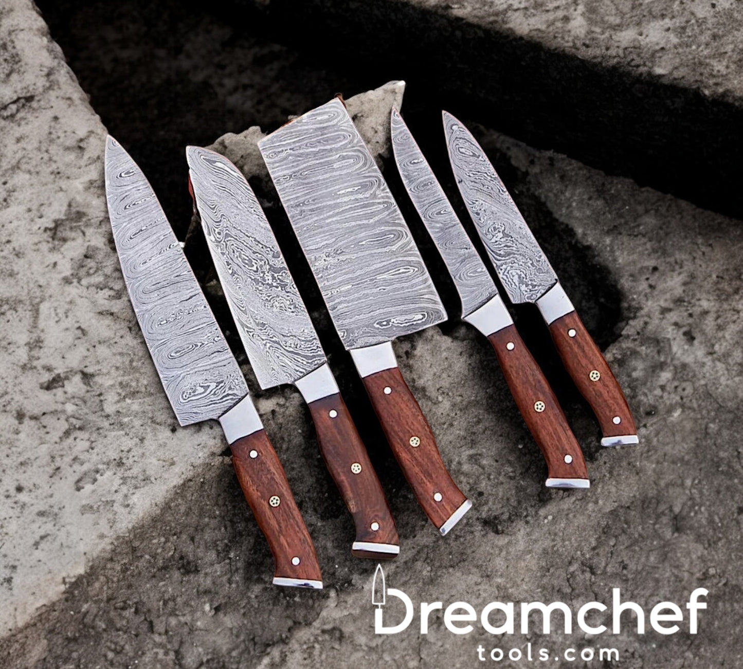 Best Knife Sets – 13” Handmade Damascus Steel Chef Knife with Rosewood Handle, Steel Bolster & Leather Sheath