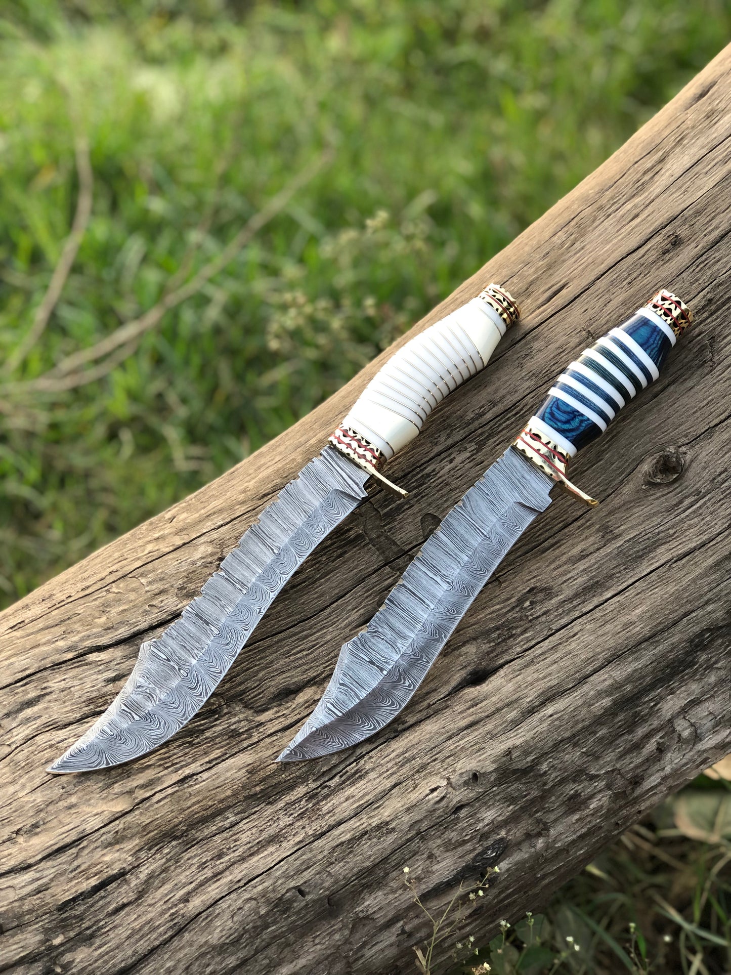 Custom Handmade Damascus Steel Bowie Knife with Brass Guard, Camel Bone and Brass Wood Handle, 13-inch Overall Length, with Leather Sheath”