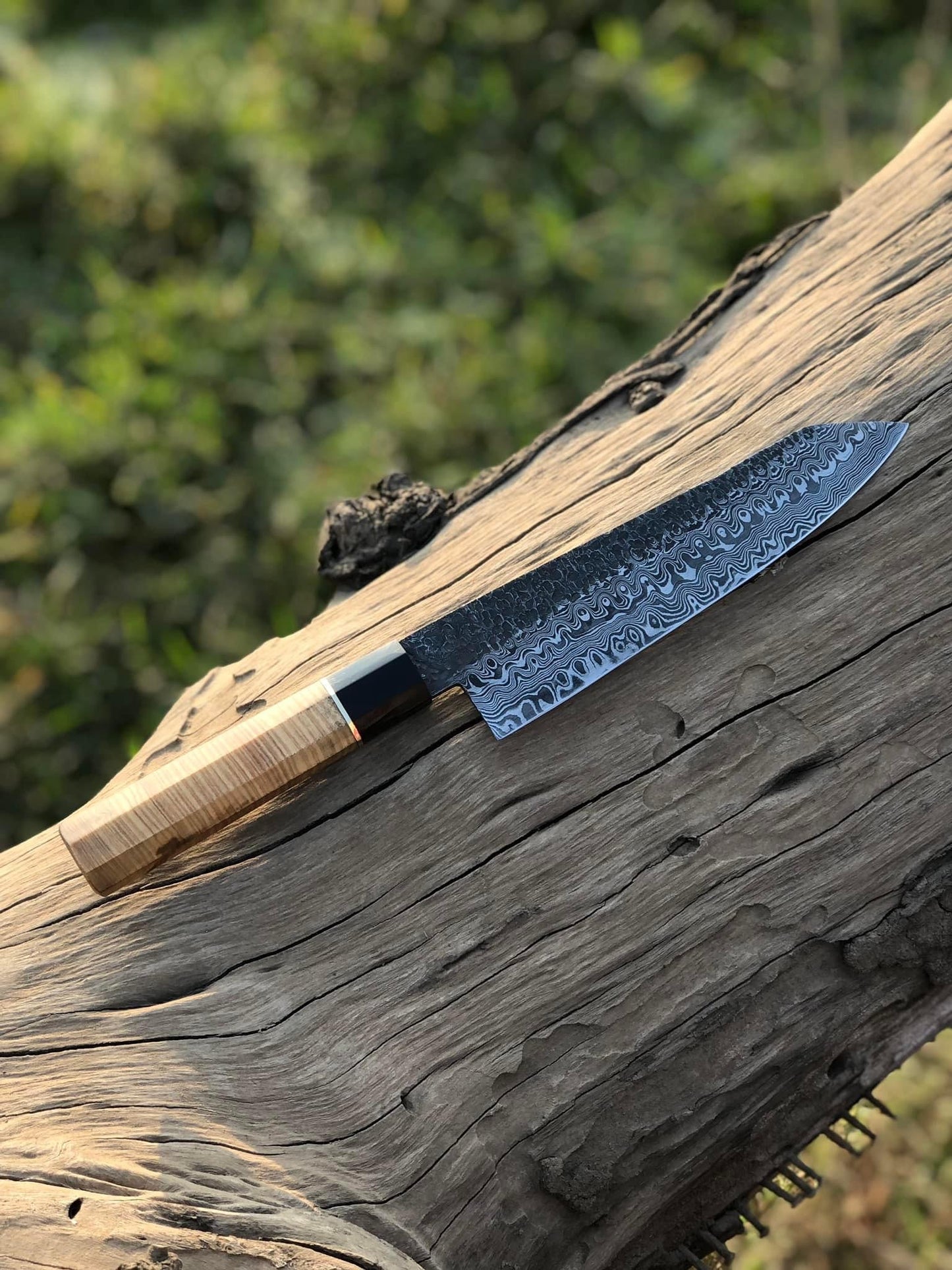 Custom Handmade 13-Inch Damascus Steel Chef Knife with Brass Guard and Olive Wood Handle, Includes Leather Sheath”