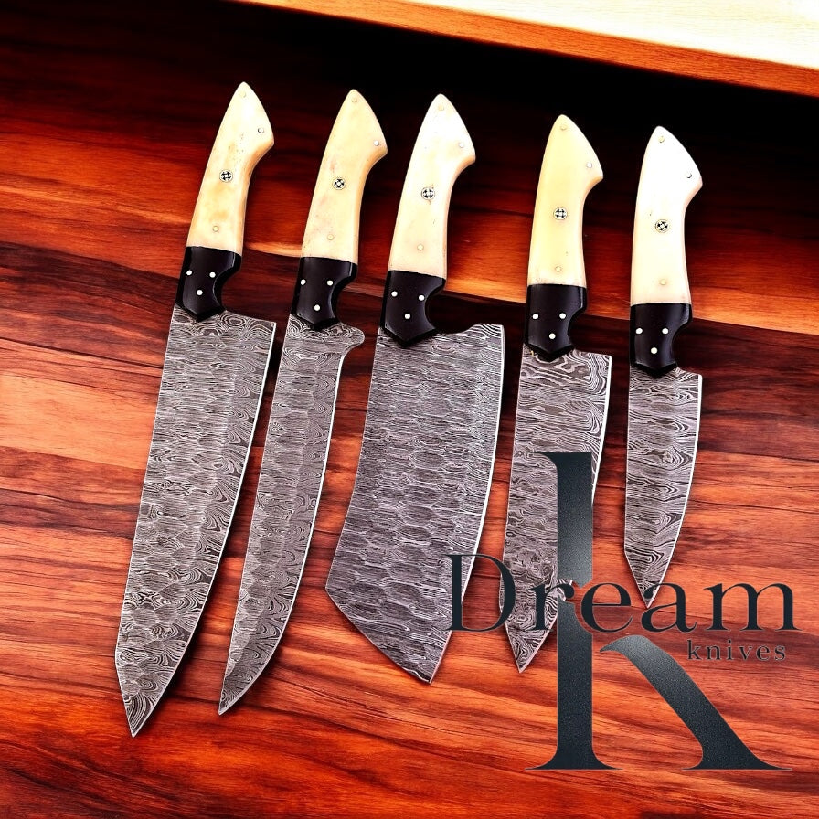 Best Japanese Kitchen Knife Set – 13" Damascus Steel Blades, Camel Bone & Resin Bolsters, with Leather Roll Kit