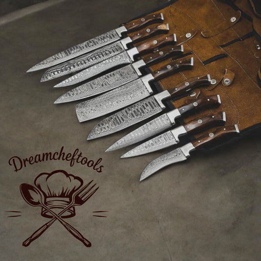 Handmade 13” Damascus chef knife with bone & wood/resin handle and leather sheath. A premium blade to add to your set of kitchen knife collection