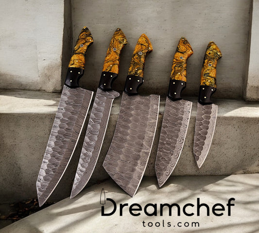 Kitchen Knife Sets – 13” Damascus Steel Chef Knife with Epoxy Resin Handle & Leather Sheath