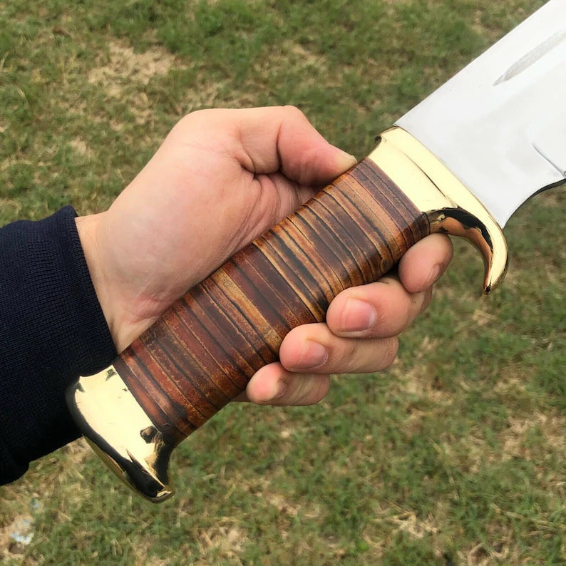 Custom Handmade J2 Steel "Crocodile Dundee" Bowie Knife – 16” Length with Brass Guard and Leather Sheath