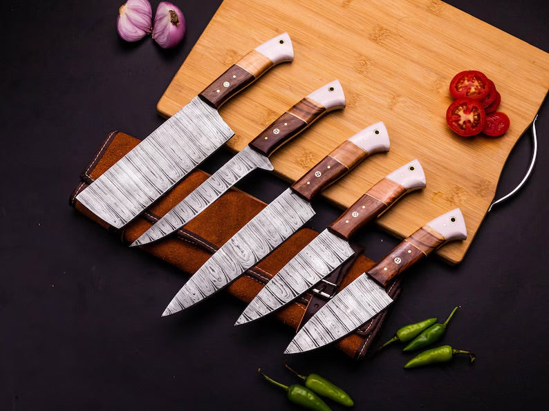 8-inch Damascus kitchen knife featuring a handcrafted rosewood and camel bone handle