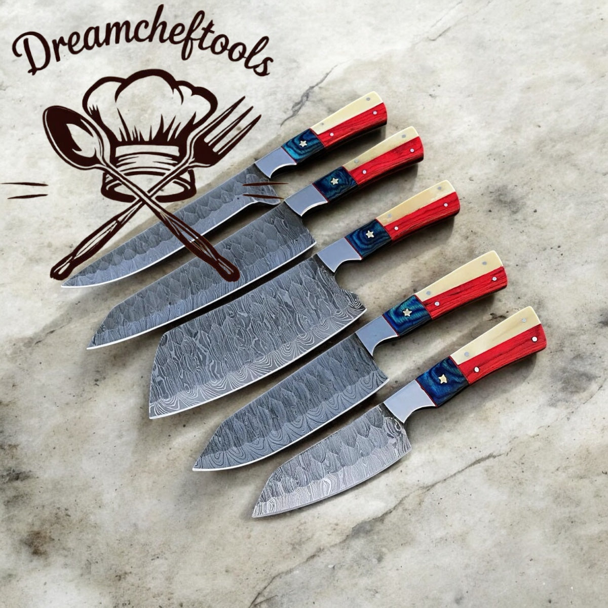 Best Japanese Knife Set – Damascus Steel with Texas Flag Handle & Leather Roll Kit