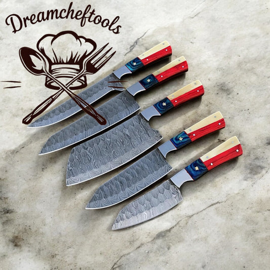 Best Japanese Knife Set – Damascus Steel with Texas Flag Handle & Leather Roll Kit