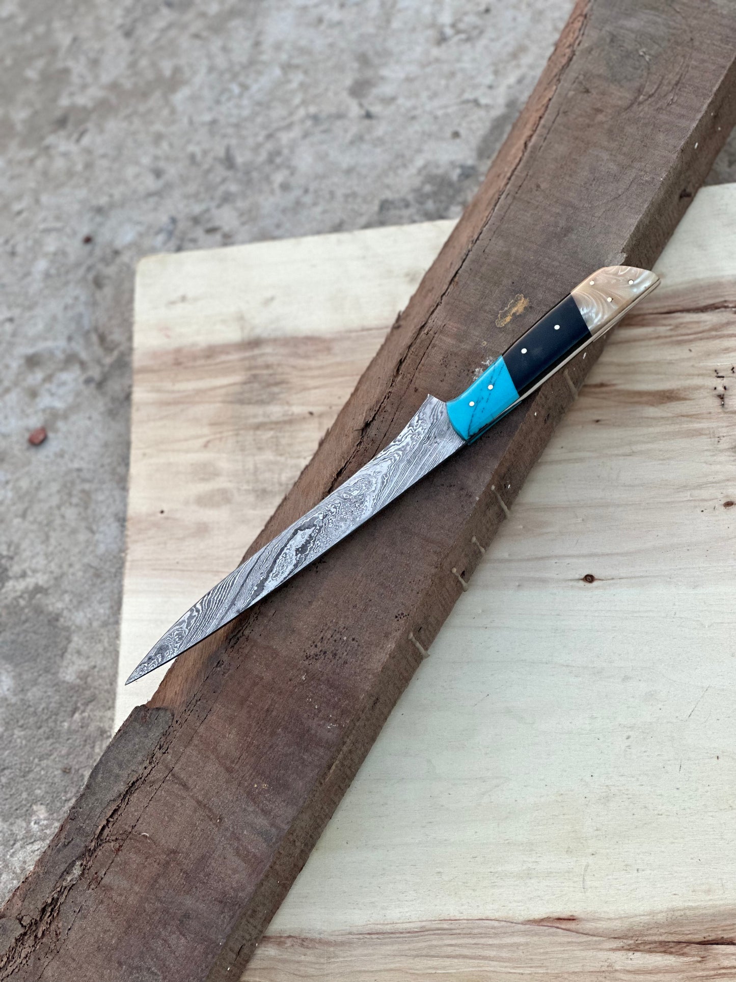 Handmade Damascus Steel Large Fillet Knife Hunting Fishing, Full Tang 13.5 inch