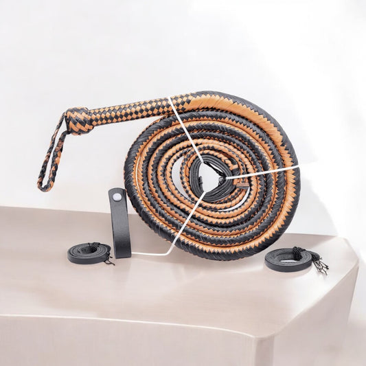 Tan & Deep Black Leather Bull Whip – Handcrafted Cowboy Whip (4ft–16ft)