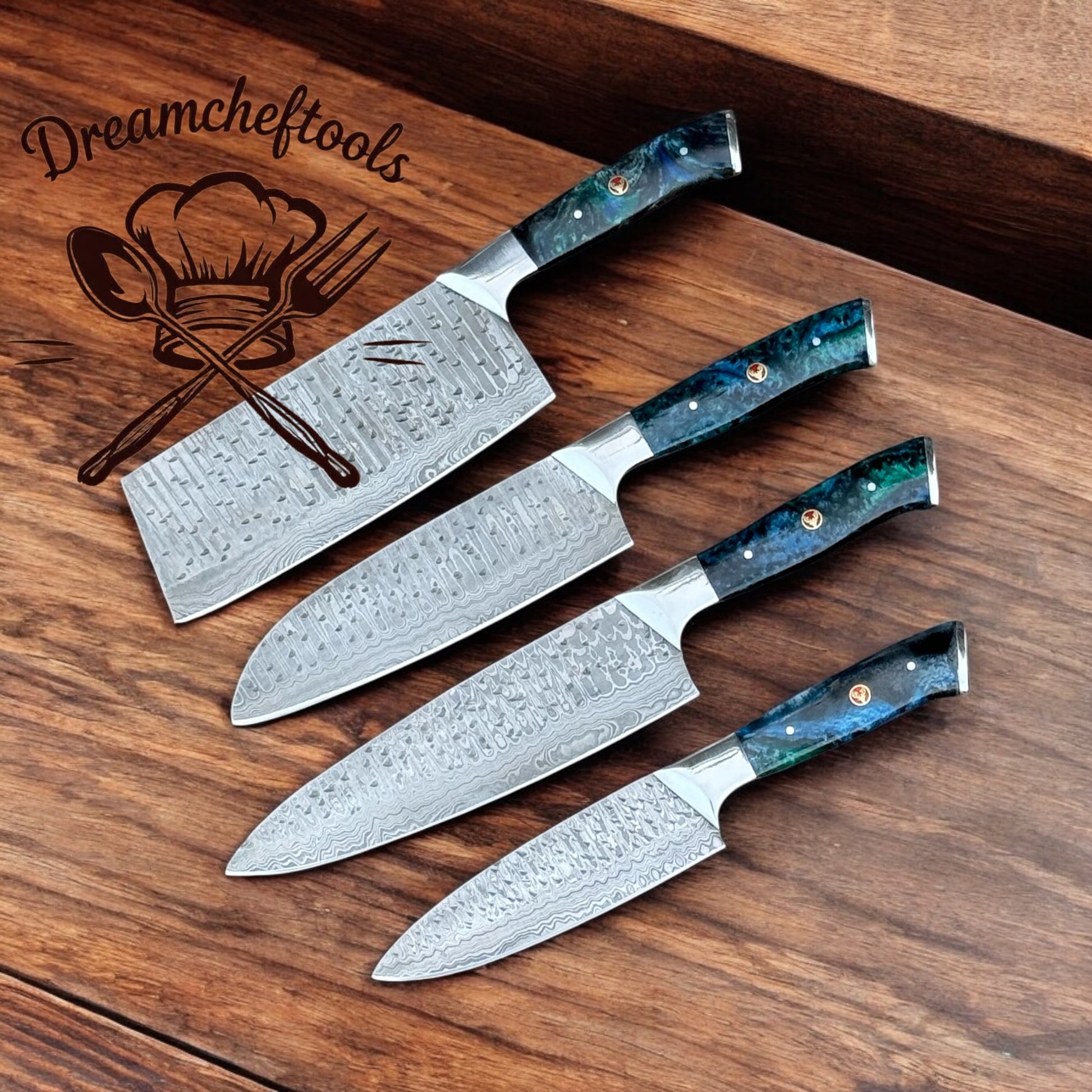 Premium Damascus Kitchen Knife Sets – Epoxy Resin Handles with Steel Bolsters & Leather Roll Kit