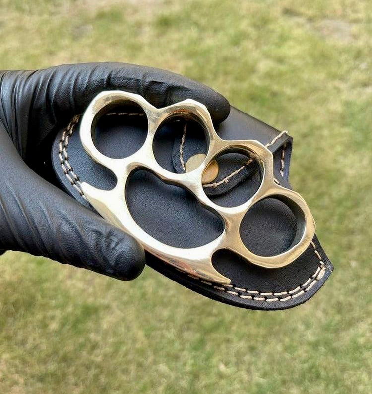 Custom Brass Knuckle – Solid Brass with Leather Belt Loop Case | Hand Casted Brass Knuckle
