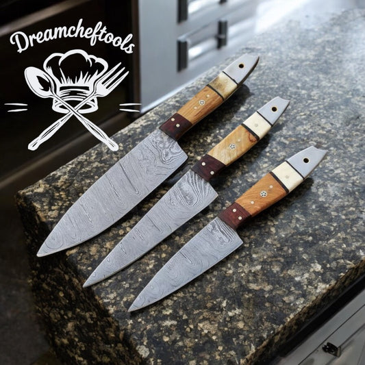 Set of Kitchen Knife – 13” Handmade Damascus Steel Chef Knife with Bone & Wood/Resin Handle and Leather Sheath
