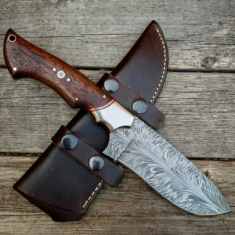 Hunting Knives | Authentic Unique Feather Damascus Outdoor Knife Wood or Bone Handle w/ Exact Mosaic Pins
