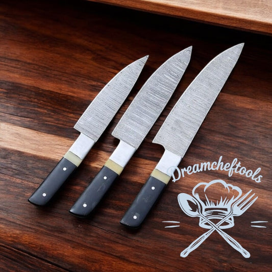 Premium Damascus Cooking Knife Set – Buffalo Horn Handles & Steel Bolsters with Leather Roll Kit