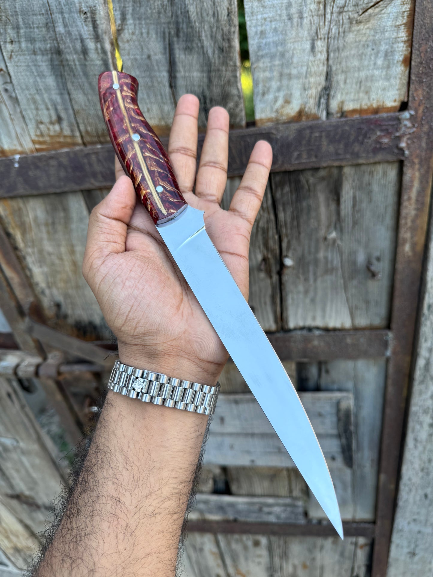 Custom Handmade J2 Steel Boning Knife with Epoxy Pine Cone Resin Handle & Leather Sheath – 13" Precision Boning Tool