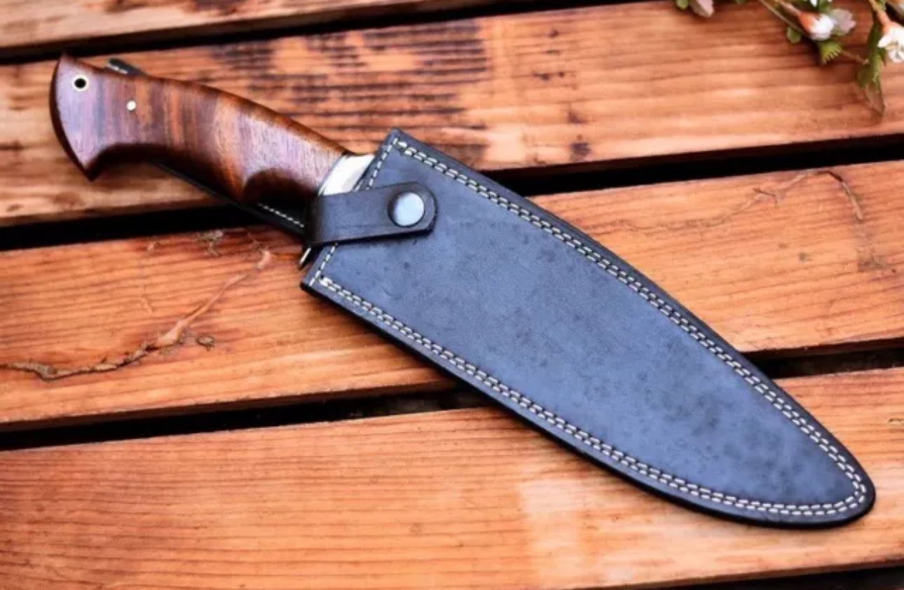 Custom Handmade Damascus Steel Bowie Knife with Steel Guard and Rosewood Handle, Includes Leather Sheath”